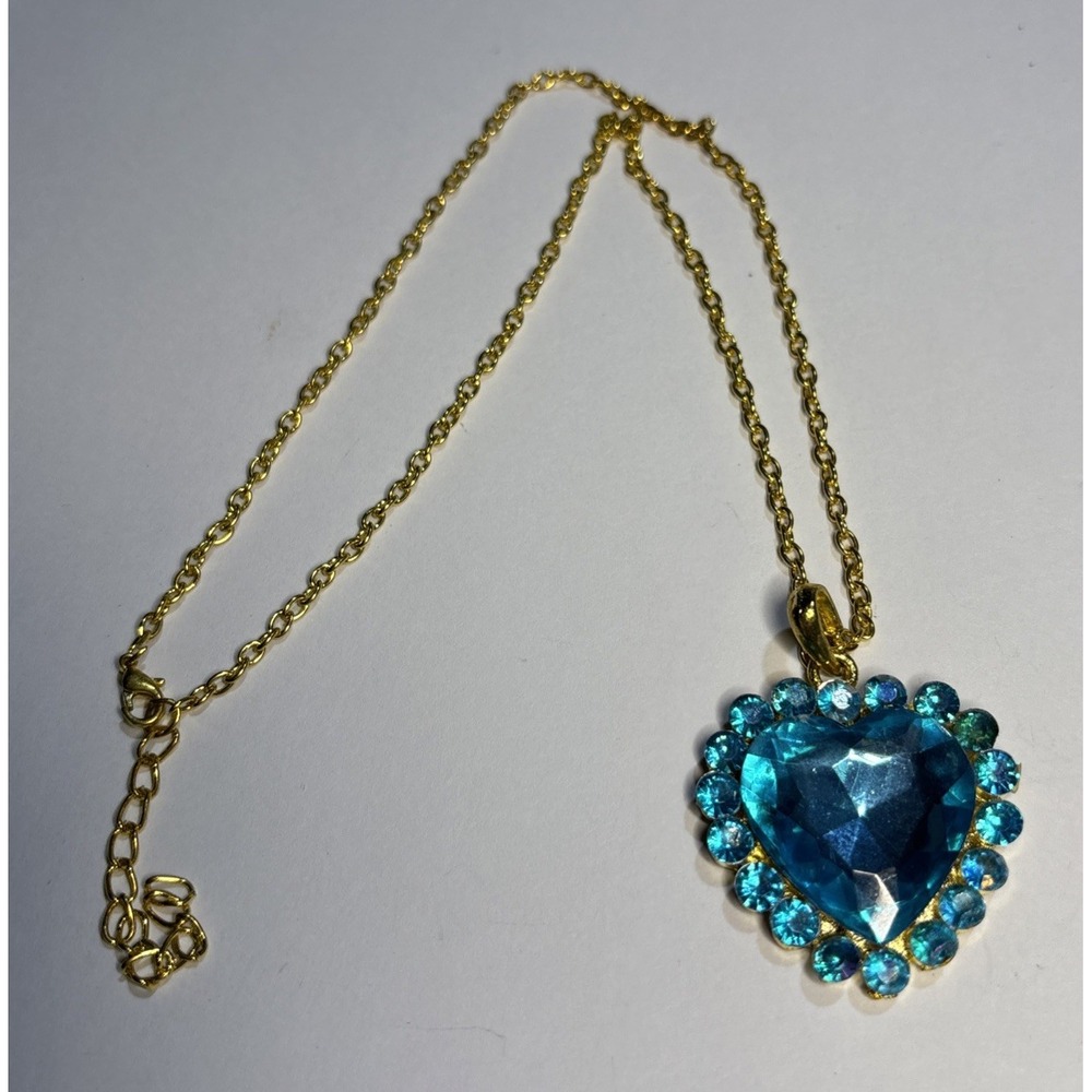 Blue Crystal Heart Pendant Necklace Gold Tone Rhinestone Halo Statement Jewelry